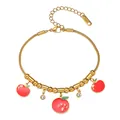 Detail of gold snake chain bracelet featuring red apple charms and sparkling rhinestones - Smiley Red Apple Style (TT0335)