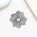 Elegant floral pearl brooch with silver petals and micro-pave crystal inlay detail - Pave Gem Large Pearl Bright Flower Style (XX0178)