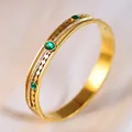 Elegant gold-plated stainless steel bracelet with green stones and zircon accents - Green Gemstone Hollow-out Bangle