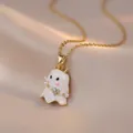 Collier pendentif fantôme en émail blanc avec perles et chaîne dorée sur satin - Or