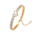 Gold plated stainless steel bracelet with rectangular zircons and heart pearl charm - Mother of Pearl Heart Zirconia Bracelet (TT0355)