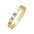 Close-up of golden hollow heart bracelet with blue and white enamel drip oil details - Hollow Enamel Heart Bangle (TT0353)