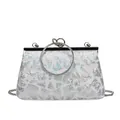 Silver sequin clutch bag with rhinestone ring handle and metal chain strap for women - White