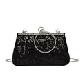 Black sequin evening clutch with crystal ring handle and silver chain strap - Black