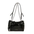 Black glossy crossbody bag featuring bow design, silver lock charm and chain strap - Black