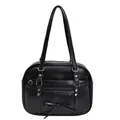 Minimalist black ribbon tote bag with heart-shaped metal rivets and wavy stitching details - Black