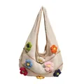 Borsa tote in maglia fatta a mano con fiori colorati 3D all'uncinetto su rete - Cachi