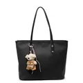 Minimalist black tote bag with diagonal striped texture and plush bear pendant detail - No Pendant / Black