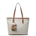 Minimalist cream woven tote bag with brown leather handles and cute plush bear charm - No Pendant / White and Brown
