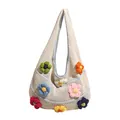 Borsa tote beige all'uncinetto con applicazioni floreali 3D colorate e bordi blu - Blu