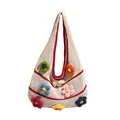 Borsa tote all'uncinetto bianca fatta a mano con fiori 3D colorati e bordi rossi - Rosso