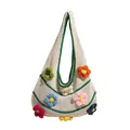 White hand-woven crochet tote bag with colorful flower motifs and green trim detail - Green