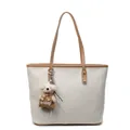 Minimalist cream woven tote bag with brown straps and a cute teddy bear charm - No Pendant / White & Khaki