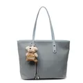 Light blue-grey tote bag with woven texture and a cute plush bear charm decoration - Blue
