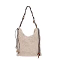 Beige crochet beach tote bag with wooden beads and bohemian woven mesh design - White