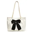 White commute tote bag with large black silk bow and textured fabric finish - White