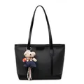 Large black tote bag with diagonal texture and cute teddy bear pendant for commuting - With Pendant / Black