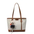 Large beige canvas tote bag with brown leather trim and cute denim teddy bear charm - With Pendant / White and Brown