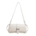Minimalist creamy white baguette shoulder bag with smooth leather and silver buckle - Beige