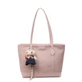 Pink large capacity tote bag with bear charm and adjustable shoulder strap for women - With Pendant / Pink
