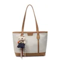 Beige woven tote bag with brown leather trim and cute bear keychain charm accessory - With Pendant / White & Khaki
