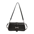 Vintage black baguette shoulder bag with adjustable strap and silver metal buckle - Black