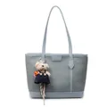 Grey woven tote bag with light blue leather trim and a cute plush bear charm - Blue
