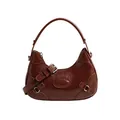 Bolso de hombro media luna marrón caramelo en cuero brillante con hebilla plata - Marrón