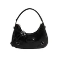 Bolso hobo de media luna en cuero plisado negro brillante con asa y hebillas elegantes - Negro