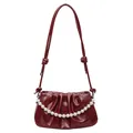 Glossy deep red pleated cloud bag with pearl chain and adjustable crossbody strap - Red
