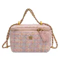 Pink and blue tweed crossbody bag with gold flower buckle and chain strap - Pink Small