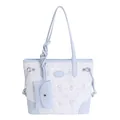 Hellblaue Shopper Tasche mit Blumenprint, Bärenmuster und kleinem Anhänger-Beutel - Lila