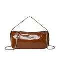 Brown faux leather baguette shoulder bag with silver chain strap on white background - Brown