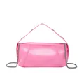 Pink glossy faux leather handbag with silver chain strap and top handle on white background - Pink