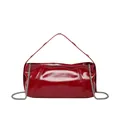 Close-up of bright red patent leather shoulder bag with sleek silver chain detail - Red
