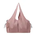 Large dusty rose canvas tote bag with side drawstring pockets and shoulder straps - Pink