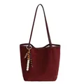 Retro burgundy large tote bag in faux suede with vintage beaded charm and long straps - With Pendant / Burgundy