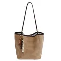 Large brown suede tote bag with contrast piping and decorative beaded tassel pendant - With Pendant / Khaki