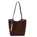 Dark brown suede tote bag with vintage wood bead charm and durable leather trim - With Pendant / Brown