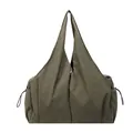Army green large capacity nylon tote bag with drawstring details and wide shoulder strap - Green