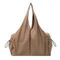 Large khaki nylon tote bag with drawstring side pockets and dual top handles - Khaki