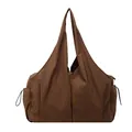 Large dark brown canvas tote bag with pleated texture and adjustable drawstring sides - Brown