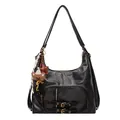 Black PU hobo shoulder bag with zipper pockets, buckle detail and cute bear charm - With Pendant / Black