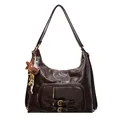 Retro dark brown preppy style shoulder bag with vintage leather texture and bear charm - With Pendant / Brown