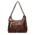 Brown vintage Hobo shoulder bag with metallic buckle detail and cute bear charm pendant - With Pendant / Brown