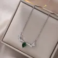 Titanium steel reindeer antler necklace with green teardrop zircon and pavé stones - Steel Color Antler (X0123) / Silver Necklace