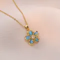 Elegant gold titanium steel necklace with a blue cat-eye stone flower rotating pendant - Colorful Flower Rotating Style (X2327)