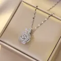 Sparkling silver rose pendant necklace with white zircon on champagne silk jewelry box - Steel