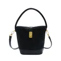 Retro black bucket bag with contrast texture, gold hardware and top handle for women - Black