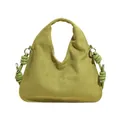 Avocado green suede tote bag with minimalist curved handle and decorative side rope knots - Green